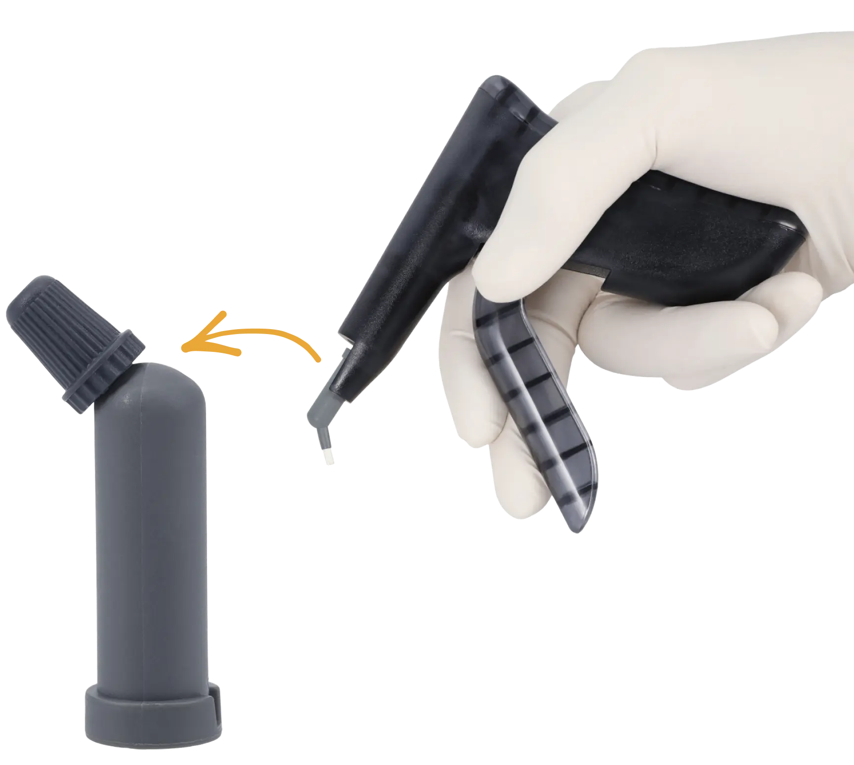A gloved handing holding a root repair material (RRM) dispensing gun with an EdgeUtopia RRM capsule enlarged to show detail