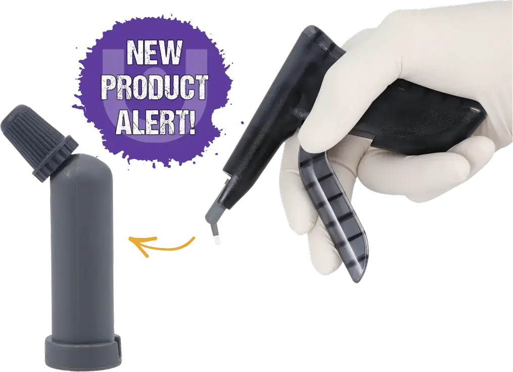 A gloved handing holding a root repair material (RRM) dispensing gun with an EdgeUtopia RRM capsule enlarged to show detail