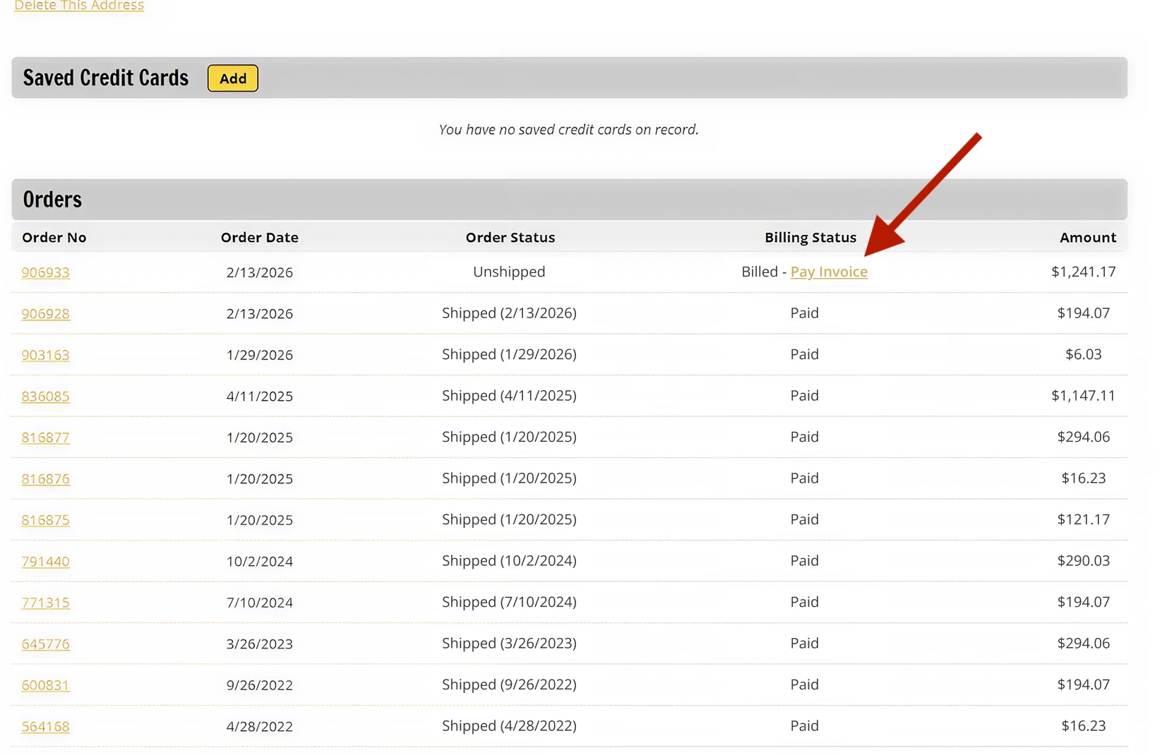 My Account Page with Option to Pay Billed Invoice