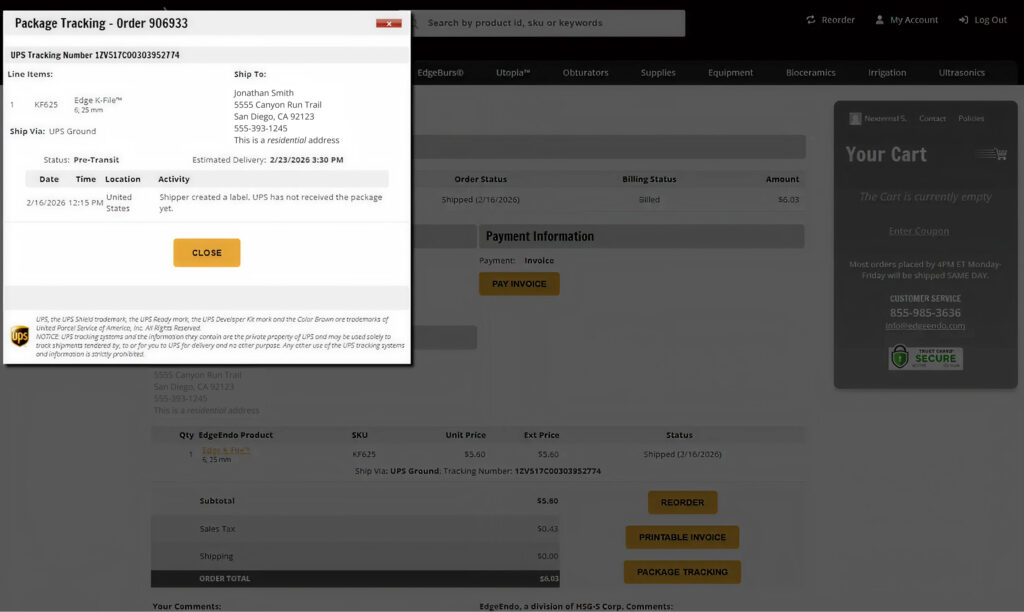 Package Tracking Pop-Up From Order Page 1